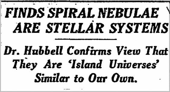 허블의 발견을 소개한 1924년 11월 23일 자 뉴욕타임스 기사. 허블의 이름이 허벨로 잘못 표기돼 있다./뉴욕타임스