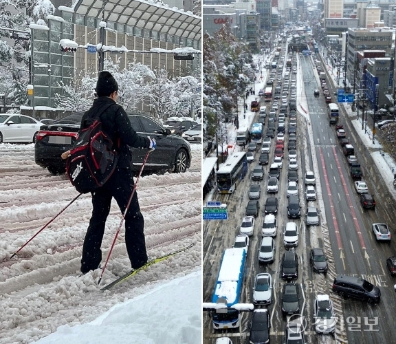 이틀째 이어진 기록적인 폭설로 경기도가 멈췄다. 28일 새벽부터 도로는 차량들로 가득 차 주차장을 방불케 했고 지하철역과 버스정류장은 대중교통을 기다리는 시민들로 인산인해를 이뤘다. 학교는 문을 닫았으며 도심 한복판에서는 스키를 타는 이색적인 장면까지 연출됐다. 시민들은 그야말로 눈 속에 갇힌 채 하루를 보냈다. 김시범·조주현·윤원규·홍기웅기자