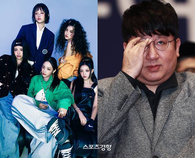 그룹 뉴진스(왼쪽)과 방시혁 하이브 의장. 경향신문 자료사진