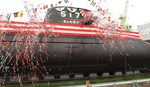 지난달 일본 미쓰비시중공업 고베조선소에서 진행된 일본 해상자위대 타이게이급 5번 잠수함 진수식 모습. 캐나다 해군이 현대화 사업에서 일본 업체들에 요구하는 동일 사양으로 리튬이온 배터리를 장착한 최신형이다. 2022년 4월 건조에 들어갔으며 2026년 3월 일본 해상자위대에 정식 인도될 예정이다.  . <사진제공=미쓰비시중공업>