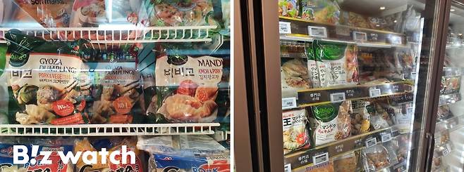 영국 런던의 한 아시안 마트에서 판매 중인 비비고 제품과 일본 도쿄 체인슈퍼에서 판매 중인 비비고. / 사진=정혜인 기자 hij@