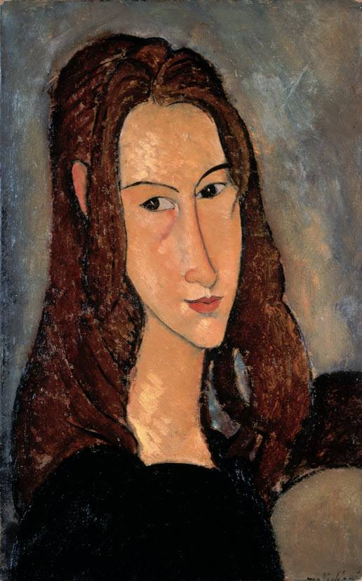 아메데오 모딜리아니, 잔 에뷔테른의 초상화(Portrait of Jeanne Hébuterne), 1918, 캔버스에 유채, 46x29cm, 개인소장. 에뷔테른의 맑은 영혼을 느끼는 순간이 잦아진 것일까. 모딜리아니는 어느 순간부터 에뷔테른을 그릴 때 종종 눈동자도 함께 그리기 시작했다. 서서히 맑고, 뚜렷하게. 가끔은 이 그림처럼 깊은 검은색으로, 때때로는 그녀 본연의 눈동자 색에 맞춰 푸른색을 칠했다.