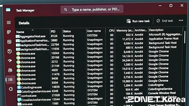 스냅드래곤 X 엘리트 탑재 PC의 작업 관리자. 거의 모든 응용프로그램이 Arm64 명령어로 작동한다. (사진=지디넷코리아)