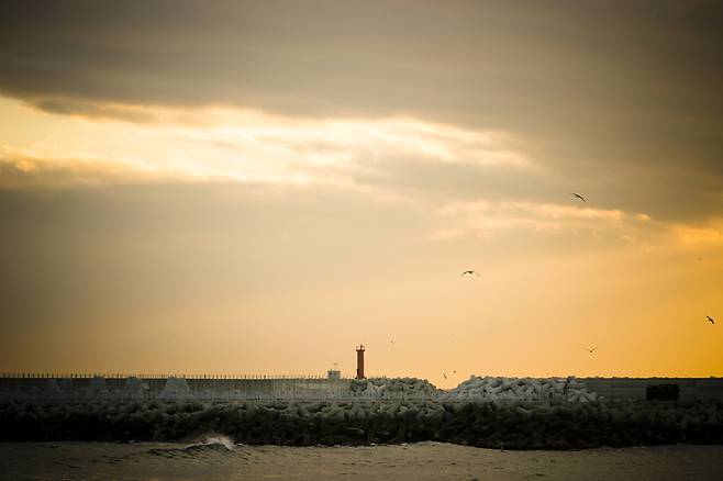 속초의 아침. 등대 너머로 아침이 밝아오고 있다.