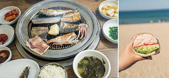 갖가지 생선이 올라간 생선구이(좌)와  홍게살 샌드위치(우)