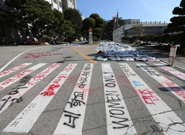 지난달 25일 서울 성북구 동덕여대 캠퍼스에 남녀공학 전환 반대를 주장하는 문구가 스프레이 칠 돼있다. 연합뉴스