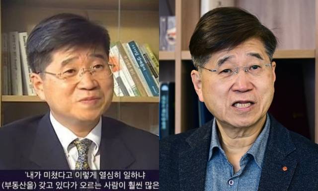 김경원 세종대 경영경제대학장이 2005년 당시 삼성경제연구원 소속으로 한 방송사와 '부동산 거품'과 관련한 인터뷰를 하고 있다. 오른쪽 사진은 지난 27일 국민일보와 인터뷰하고 있는 김 학장. KBS 방송 캡처, 김지훈 기자