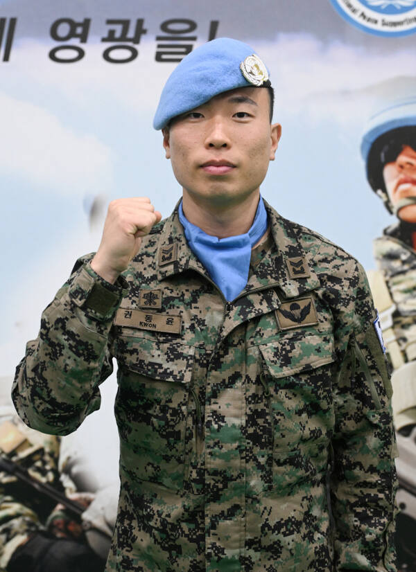 2일 한빛 19진 환송식을 마치고 권동윤 중사가 파병에 대한 포부를 밝히고 있다. 장민재기자