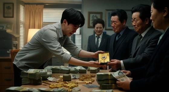 박봉에 울상인 새내기 공직자가 퇴직을 앞둔 선배 공무원들에게 수백~수천만원 전별금과 황금열쇠 기념품을 건네는 장면을 생성형 AI 이미지로 그린 사진. 사진 셔터스톡