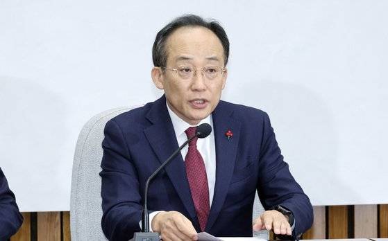 추경호 국민의힘 원내대표가 3일 국회에서 열린 원내대책회의에 참석해 발언하고 있다. 김성룡 기자