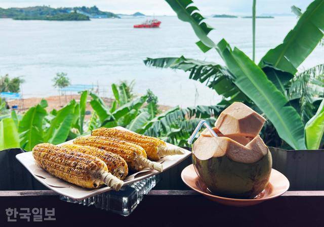 바탐 도로변 휴게소의 간식. 구운 옥수수와 코코넛을 팔고 있다.