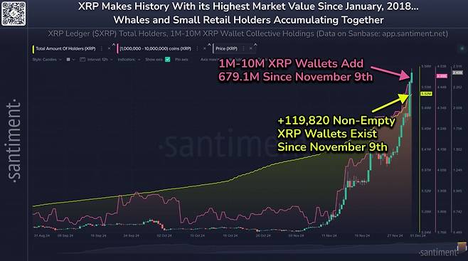 고래 투자자와 개인 투자자 모두가 지난 3주 동안 리플을 대거 축적했다. / 사진 = 샌티멘트 X 캡쳐