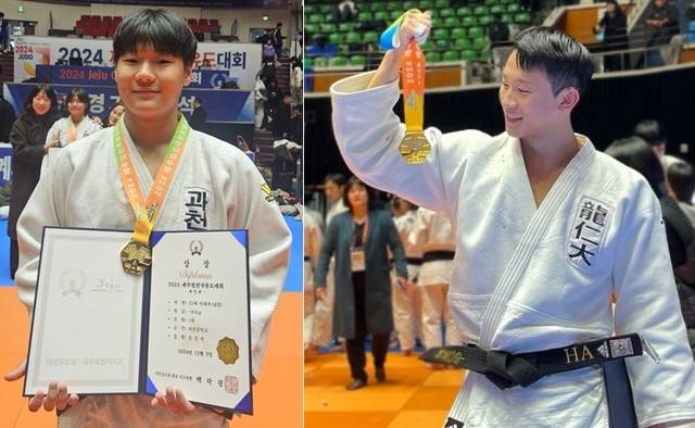 2024 제주컵 전국유도대회서 남중부 시즌 6관왕을 차지한 문준서(왼쪽)와 남대부 3관왕에 오른 하승우. 과천중·용인대 제공