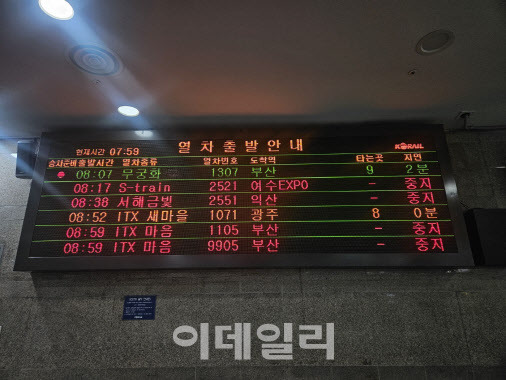 5일 오전 7시 59분쯤 서울 영등포구 영등포역의 열차 전광판에 이날 철도노조 파업에 따른 열차 지연 및 중지가 안내되고 있다.(사진=이영민 기자)