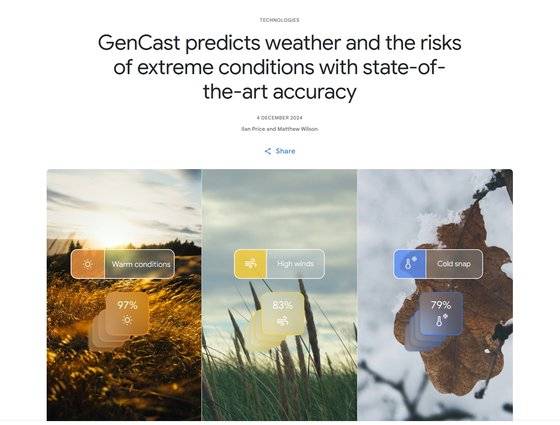 구글 딥마인드가 공개한 인공지능(AI) 기상예보 모델 ‘젠캐스트’ 화면. [구글 딥마인드 캡처]