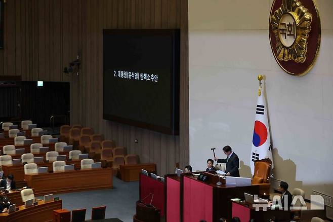 [서울=뉴시스] 조성우 기자 = 우원식 국회의장이 7일 오후 서울 여의도 국회에서 열린 제418회국회(정기회) 제17차 본회의에서 윤석열 대통령 탄핵소추안에 대해 국민의힘 표결 불참에 따른 의결정족수(200명) 미달로 '투표 불성립'으로 투표 종료 선언을 하고 있다. 2024.12.07. xconfind@newsis.com