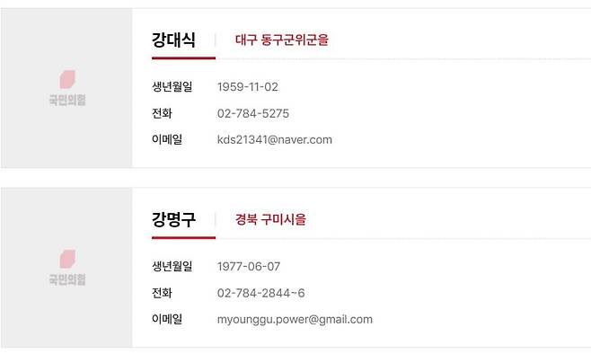 8일 검색한 국민의힘 누리집의 ’국회의원’ 카테고리 화면. 국회의원 얼굴이 모두 사라졌다. 국민의힘 누리집 갈무리