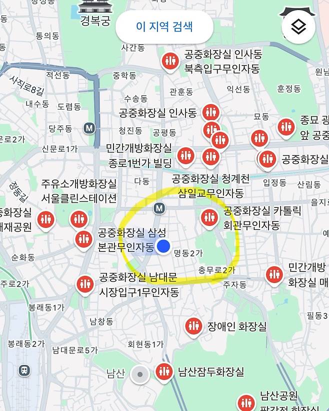 명동 중앙거리 기준 구글맵 ‘화장실’ 검색 화면 /사진=구글맵 캡처