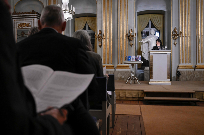 한강 작가의 노벨 강연장 모습. [AFP·연합뉴스]