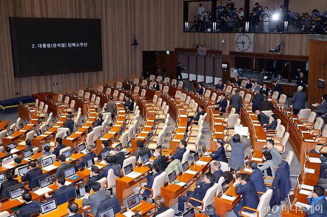 (서울=뉴스1) 안은나 기자 = 7일 오후 서울 여의도 국회 본회의장에서 김건희 특검법(윤석열 대통령 배우자 김건희의 주가조작 사건 등의 진상규명을 위한 특별검사 임명 등에 관한 법률안 재의의 건) 부결 후 윤석열 대통령 탄핵소추안이 상정되자 안철수 국민의힘 의원을 제외한 여당 의원들이 퇴장하고 있다. 2024.12.7/뉴스1  Copyright (C) 뉴스1. All rights reserved. 무단 전재 및 재배포,  AI학습 이용 금지.