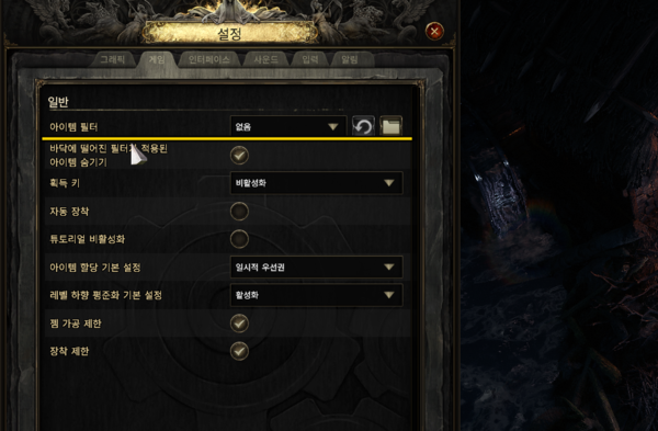 -&nbsp;설정 > 게임 > 일반 > 아이템 필터