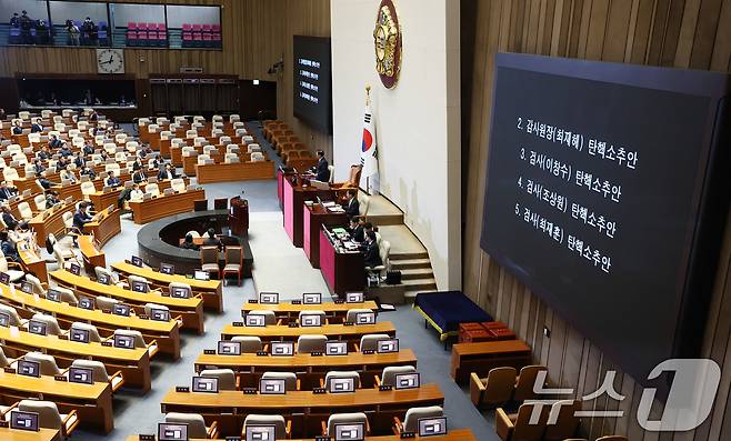 5일 오전 서울 여의도 국회에서 열린 본회의에서 국민의힘 의원들이 불참한 가운데 최재해 감사원장과 이창수·조상원·최재훈 검사 탄핵소추안이 통과되고 있다. 2024.12.5/뉴스1 ⓒ News1 김민지 기자