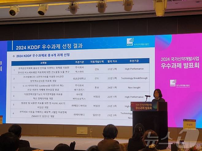 김순남 국가신약개발사업단(KDDF) 연구개발(R&D)본부장이 2024 국가신약개발 우수과제 선정 결과를 발표하고 있다. 2024. 12. 10/뉴스1 황진중 기자
