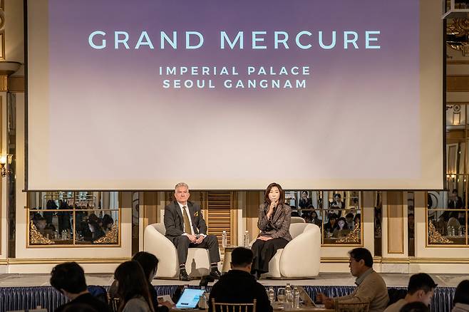Vice President Operations of Accor Ambassador Korea Vincent Lelay, left and General Manager KL Kim speak to the press about the reopening of Grand Mercure Imperial Palace Seoul Gangnam at the hotel on Tuesday. [GRAND MERCURE IMPERIAL PALACE SEOUL GANGNAM]