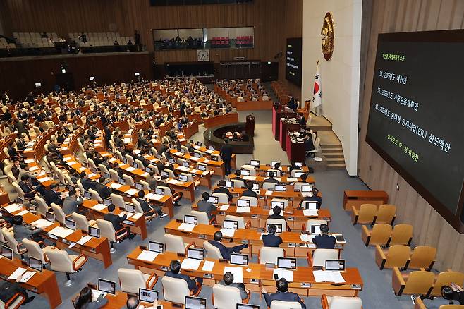 10일 오후 국회에서 열린 본회의에서 2025 예산안 등이 상정되고 있다. 사진은 기사와 직접적 관련 없음. [연합]