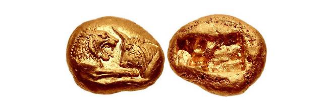 인류가 사용한 최초의 주화는 기원전 7세기 리디아왕국에서 발행한 것으로 알려져 있다. 사진은 리디아왕국 문양이 찍힌 호박금. [위키피디아]