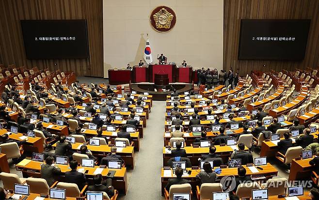 '윤 대통령 탄핵안' 표결 무산 (서울=연합뉴스) 김주형 기자 = 우원식 국회의장이 7일 오후 국회 본회의에서 윤석열 대통령의 탄핵소추안에 대해 의결 정족수 부족으로 '투표 불성립'을 선언하고 있다. 2024.12.7 kjhpress@yna.co.kr