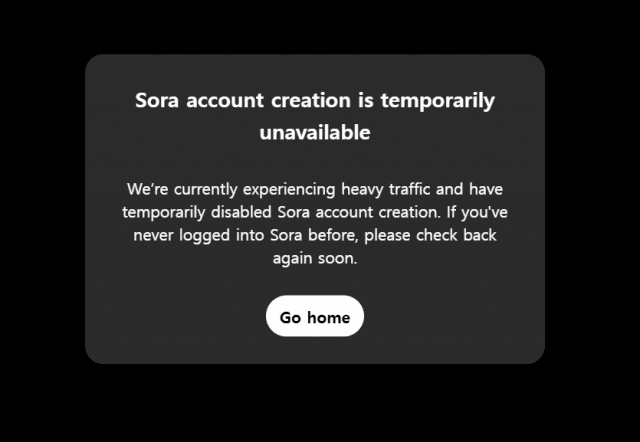 오픈AI가 '소라'를 정식 출시했지만 이용자들이 몰리면서 3일째 접속이 안되고 있다. (사진=소라닷컴 캡처)