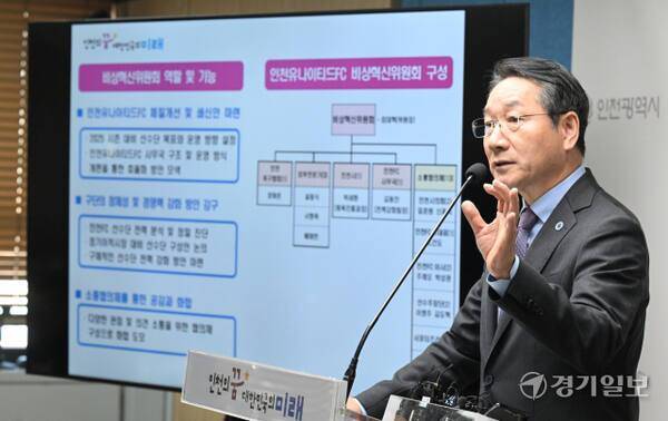 유정복 인천시장이 지난달 25일 인천 남동구 인천시청 브리핑룸에서 인천유나이티드 혁신계획을 발표하고 있다. 조병석기자
