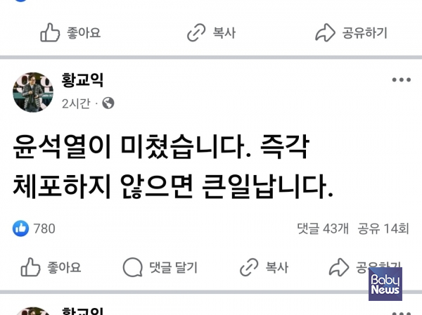 황교익 페이스북 갈무리. ⓒ베이비뉴스