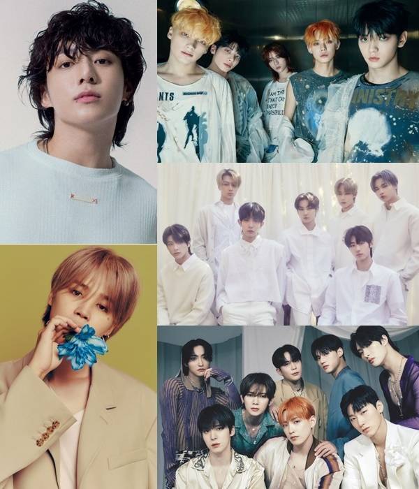 ‘2024 빌보드 뮤직 어워드’에 노미네이트 된 (왼쪽 위에서부터 시계방향) 정국, 투모로우바이투게더, 엔하이픈, 에이티즈, 지민. 각 소속사 제공