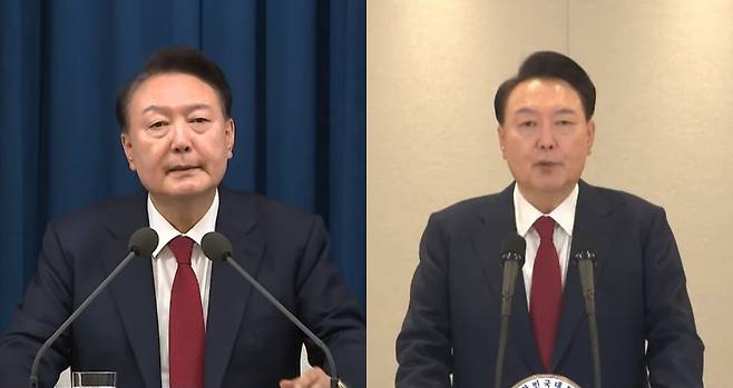 지난 3일 비상계엄 선포 당시 제1차 대국민담화문을 발표하는 윤석열 대통령의 모습(왼쪽), 비상계엄에 대한 입장을 밝힌 제4차 대국민담화 때의 모습(오른쪽). (KTV 갈무리)
