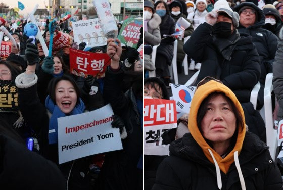 윤석열 대통령 탄핵소추안이 가결된 14일 서울 여의도 국회 앞에서 열린 촛불집회에 참석한 시민들이 탄핵이 가결되자 환호하고 있다. 오른쪽은 침울한 표정의 보수성향 집회 참석자들의 모습. 연합뉴스