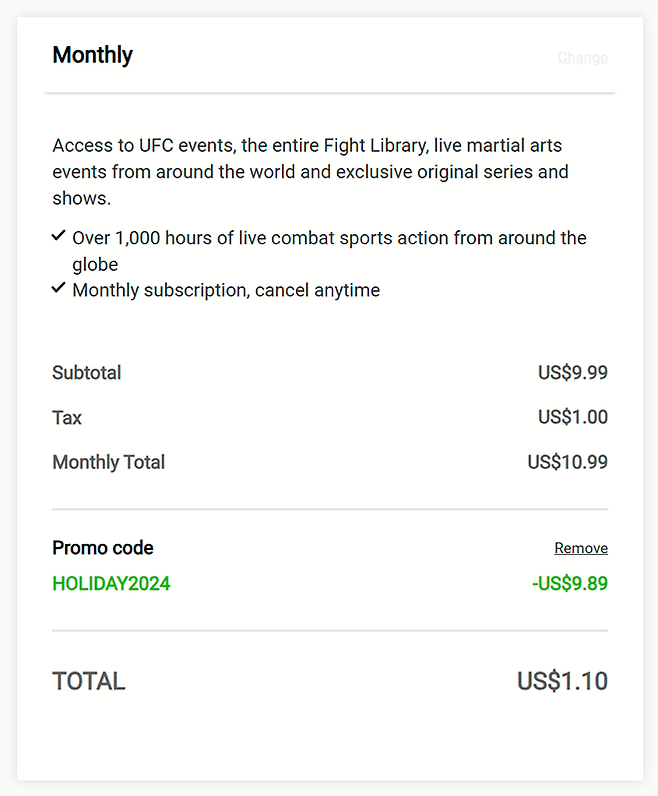 UFC 파이트 패스는 ZFN 2 개막을 앞두고 가입을 원하는 접속자에게 월간 이용권 90% 할인 혜택을 준다. 1.10달러(약 1580원)를 결제하면 1달 동안 구독할 수 있다. 사진=UFC Fight Pass 화면