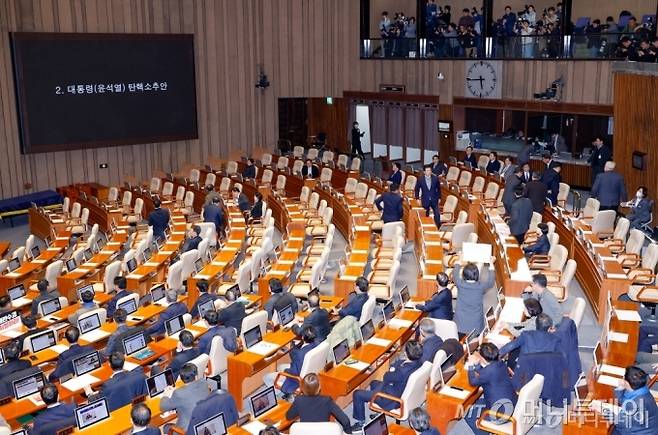 (서울=뉴스1) 안은나 기자 = 7일 오후 서울 여의도 국회 본회의장에서 김건희 특검법(윤석열 대통령 배우자 김건희의 주가조작 사건 등의 진상규명을 위한 특별검사 임명 등에 관한 법률안 재의의 건) 부결 후 윤석열 대통령 탄핵소추안이 상정되자 안철수 국민의힘 의원을 제외한 여당 의원들이 퇴장하고 있다. 2024.12.7/뉴스1  Copyright (C) 뉴스1. All rights reserved. 무단 전재 및 재배포,  AI학습 이용 금지. /사진=(서울=뉴스1) 안은나 기자