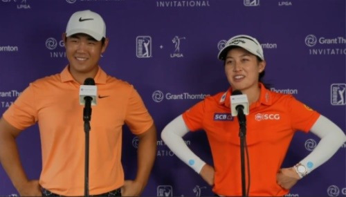 2라운드를 마치고 인터뷰 중인 김주형-지노 티티쿤 조. [사진=LPGA]