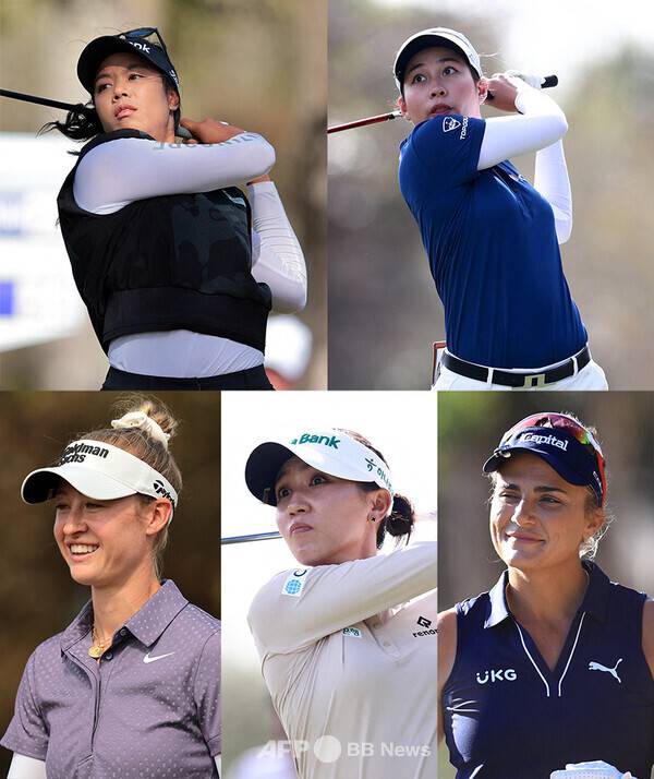 미국프로골프(PGA) 투어와 미국여자프로골프(LPGA) 투어가 공동 주관하는 혼성 골프 이벤트 대회인 2024년 그랜트 손턴 인비테이셔널 우승을 차지한 패티 타바타나킷, 준우승한 지노 티띠꾼, 그리고 함께 출전한 넬리 코다, 리디아 고, 렉시 톰슨이 최종라운드에서 경기하는 모습이다. 사진제공=ⓒAFPBBNews = News1