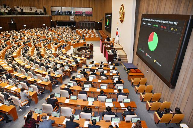 12일 국회 본회의에서 '윤석열 대통령 배우자 김건희의 주가조작 사건 등의 진상규명을 위한 특별검사 임명 등에 관한 법률안(김건희 특검법)'이 통과되고 있다. 고영권 기자