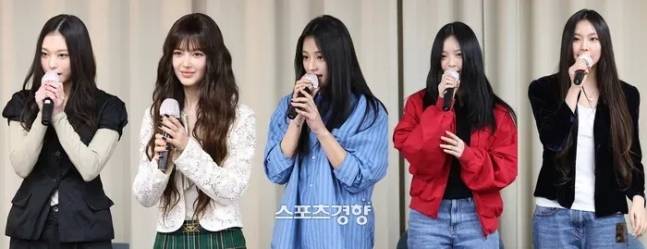 지난달 28일 서울 모처에서 하이브와 어도어에 전속계약 해지를 통보하는 기자회견을 연 뉴진스 멤버들. 경향신문 자료사진