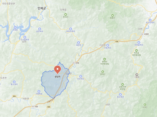 강원특별자치도 인제군 상남면 상남리 위치. 이미지=네이버 지도