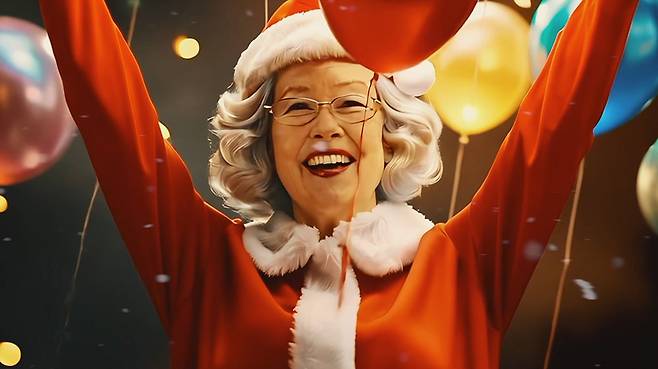 AI영화 '나야, 문희'에서 보여주는 나문희 산타. 나문희 배우의 이미지를 활용해 AI가 만들어낸 장면이다./엠씨에이