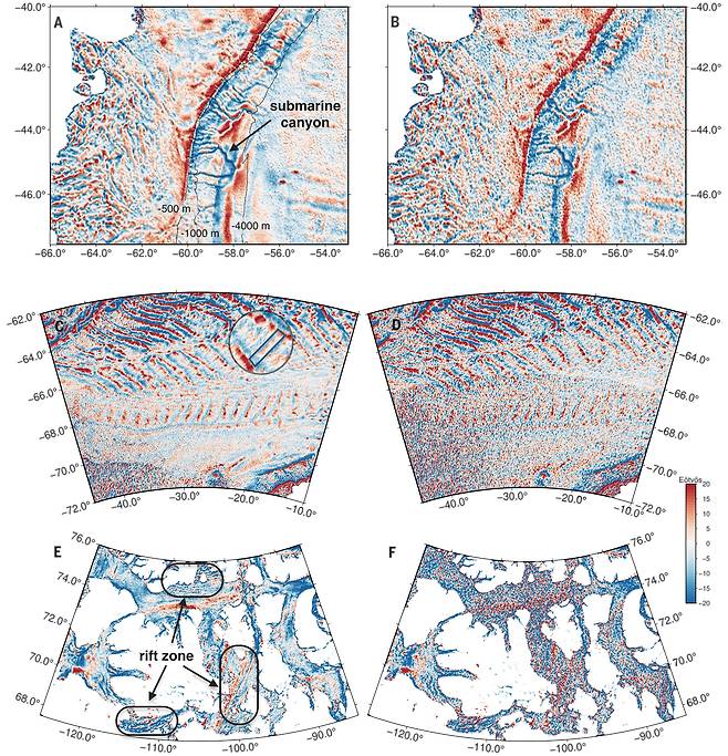 1년간 SWOT 위성이 수집한 데이터로 작성된 남아메리카 대륙붕의 중력지도(A)와 천저 고도계로 30년간 수집한 중력지도(B). 육지는 흰색, 수심을 나타내는 등고선은 희미한 검은색으로 표시된다. 남극 인근 웨들해에서 나타난 직사각형 반복 패턴(헤링본 패턴)은 해저구릉과 고대의 강 흔적이 확인됐다. 캐나다 북극 군도에 위치한 스베르드럽 분지의 비교(E와 F).