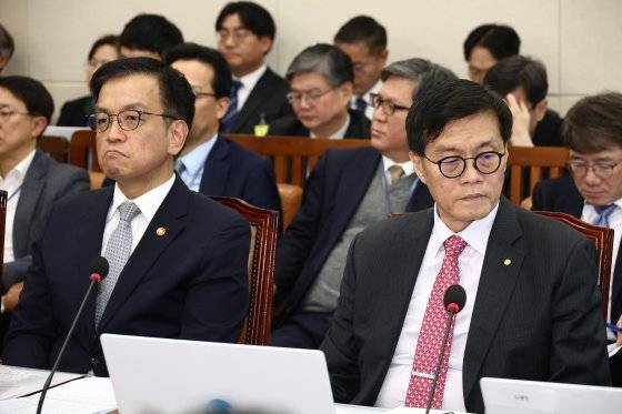 최상목(왼쪽) 부총리 겸 기획재정부 장관과 이창용 한국은행 총재가 17일 오후 국회 기획재정위원회 긴급 현안질의에 출석했다. 뉴스1