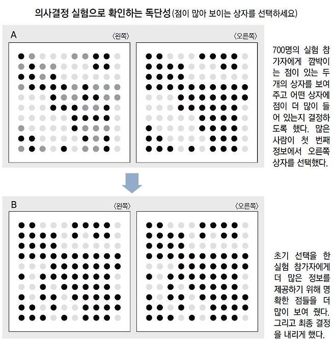 두 개의 상자 안에 있는 점의 총수는 같다. A에서 선명하게 보이는 점의 정보만 다르다. B에선 왼쪽과 오른쪽 상자에 똑같은 정보를 제공했다. 더 명확한 정보를 제공했지만 많은 사람이 최종 결정에서 처음 선택한 오른쪽 상자의 점이 더 많다고 답변했다.