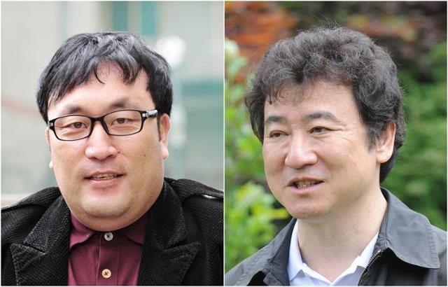 개그맨 이혁재, 소설가 김진명. 한국일보 자료사진