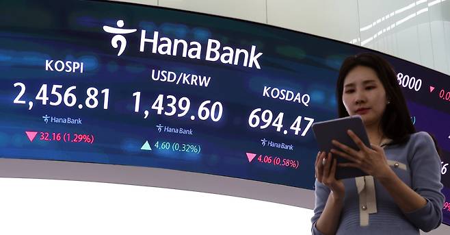 17일 오후 서울 중구 하나은행 본점 딜링룸에 증시 종가가 표시되고 있다. /뉴스1